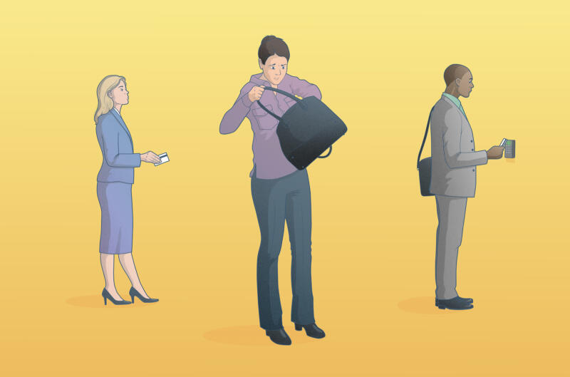 Illustration för bloggartikel - Kvinna som glömt sitt passerkort och rotar i i sin väska