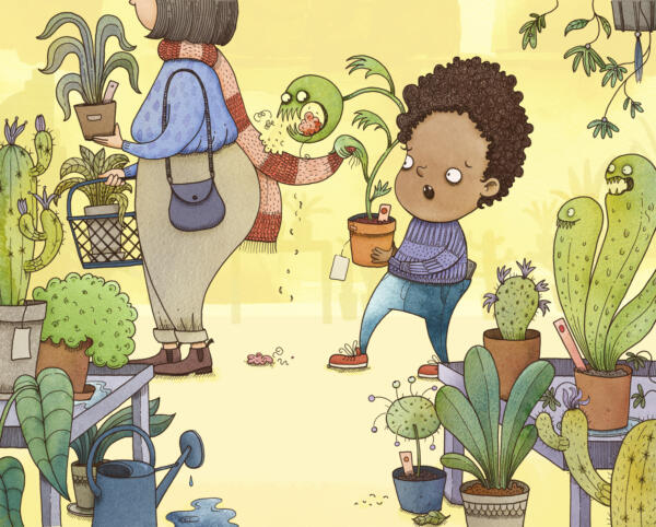 Illustration av en pojke som skall köpa en köttätandeväxt