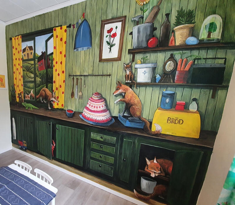 Väggmålning med sagotema. Väggmålning förskola, Vilda djur och kalas. 