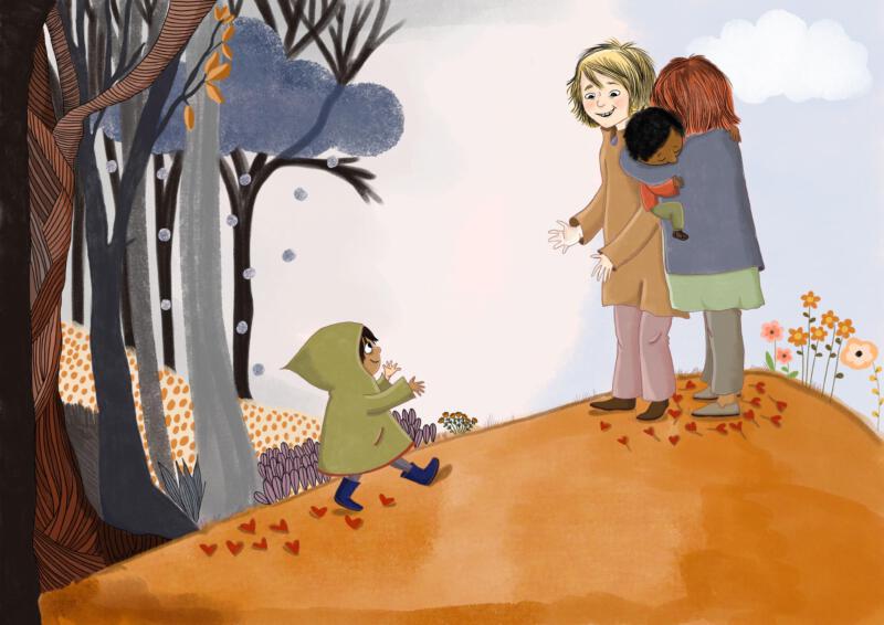 illustration Barnkonvensionens sjätte, tionde och tjugoandra artikel. Barns rättigheter. Barns rätt till återförening med sin familj. 