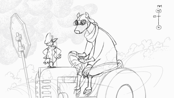 Svartvit skissig animation från Mamma Mu hittar hem. Mamma Mu sitter på en traktor, Kråkan står på traktorn och skäller ut Mamma Mu