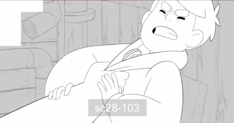 Bild på animation från långfilmen "Nahuel och den magiska boken" innan färgstadiet, en scen där huvudpersonen kämpar att ta sig loss