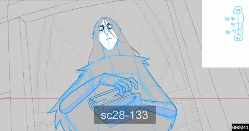 Bild på rough animation från långfilmen "Nahuel och den magiska boken", skurken ser hotande ut med den magiska boken i hand