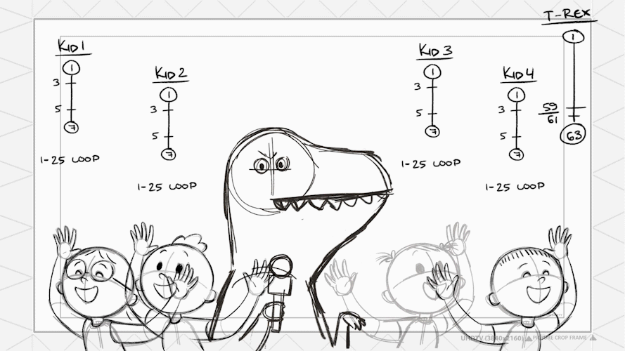 Skissig animation av glada små barn runt omkring en dinosaurie som ramlar