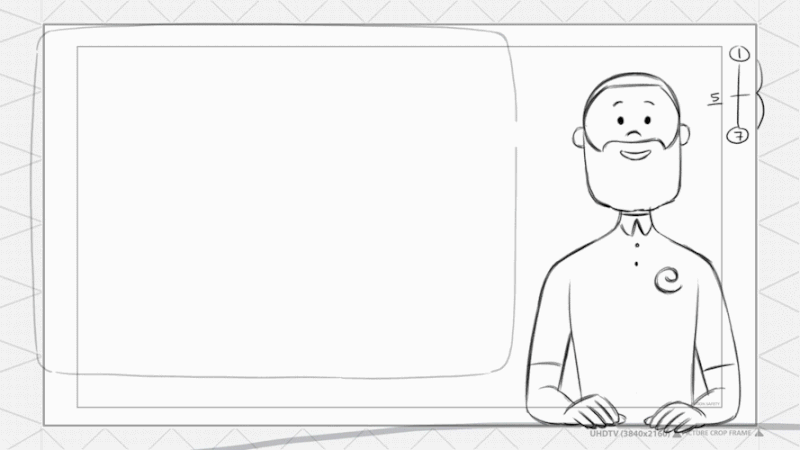 Skissig animation av en nyhetsankare som skrattar åt något på skärmen