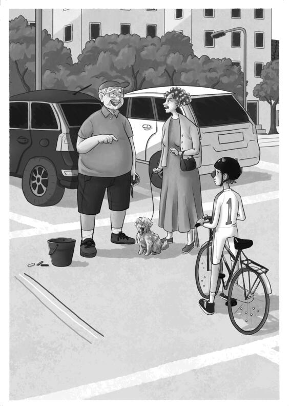Morfar och tant skojar om liten hund, barn på cykel