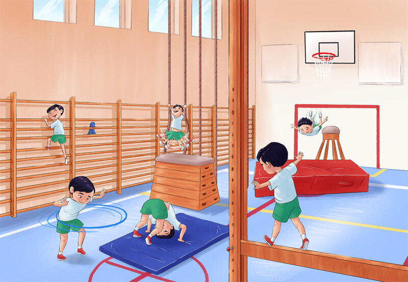 Barn leker i gymnastiksal