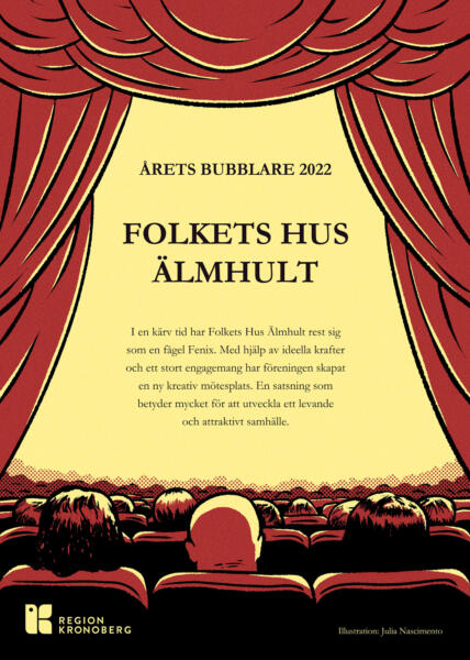 Färgad illustration av en teater full av människor som sitter ner och fördragna gardiner med en text i mitten