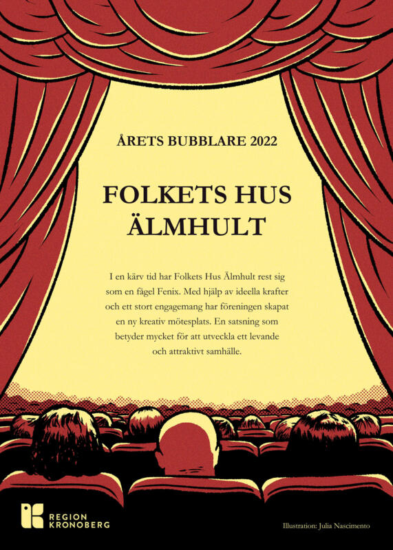 Färgad illustration av en teater full av människor som sitter ner och fördragna gardiner med en text i mitten