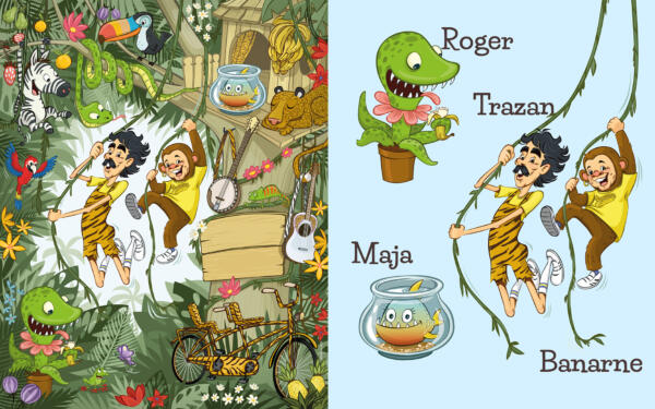 Illustration till skylt med Trazan & Banarne vid lekparken Banankontakt vid Åbergs museum i Bålsta