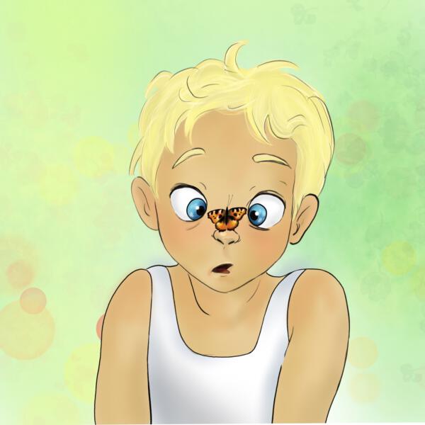 Pojke med fjäril, boy with butterfly illustration