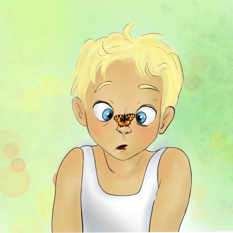 Pojke med fjäril, boy with butterfly illustration