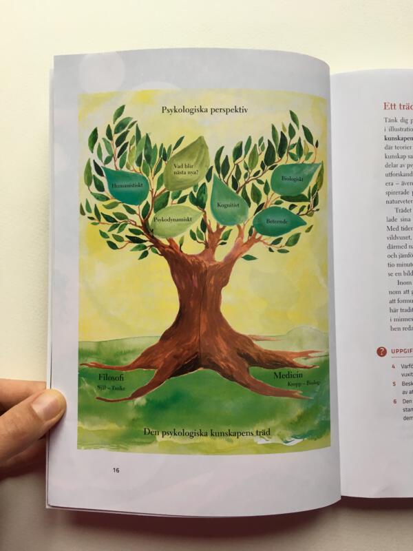 Handmålad akvarellillustration skapad för läromedel i psykologi, som visualiserar psykologins träd med dess olika grenar: kognitiv psykologi, psykodynamisk psykologi, humanistisk psykologi, biologisk psykologi och beteendepsykologi. Bilden används i undervisning och fungerar som ett pedagogiskt verktyg för att ge en översikt av psykologins centrala perspektiv och teoribildningar.
