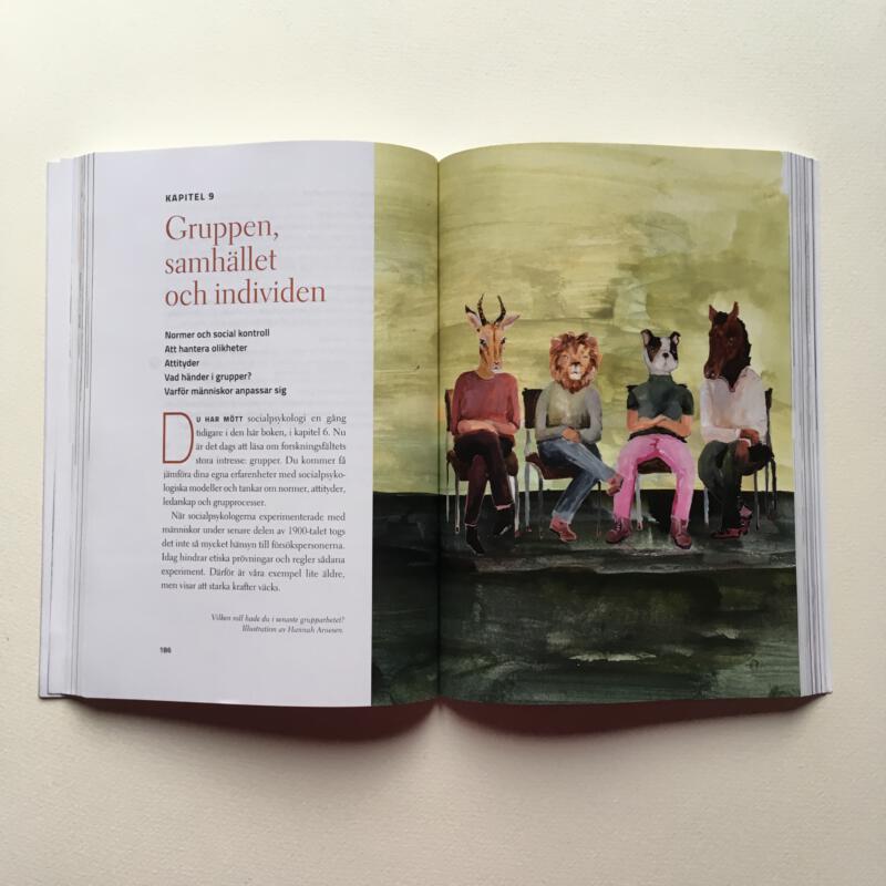 Handmålad akvarellillustration skapad för läromedel i psykologi, som visualiserar kapitlet ”Gruppen, samhället och individen”. Illustrationen används i undervisning och fungerar som ett pedagogiskt verktyg för att förklara relationen mellan individen och sociala grupper samt samhällets påverkan på människors beteende och interaktioner.