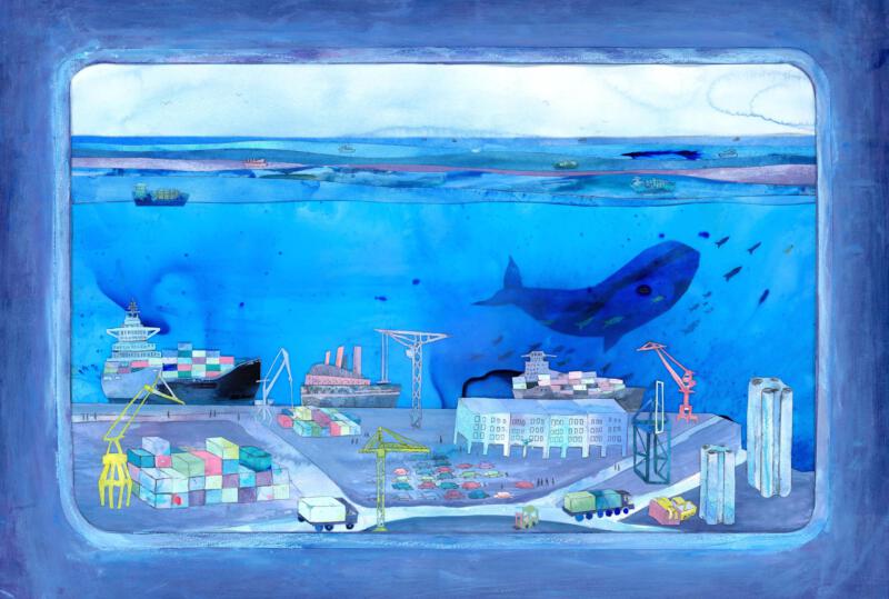 illustration till bilderbok för barn mellan 3-6 år, föreställande en hamn med båtar, bilar, lyftkran, lastbil, skepp, havet och en val. Vi ser det genom ett tågfönster med barnperspektiv