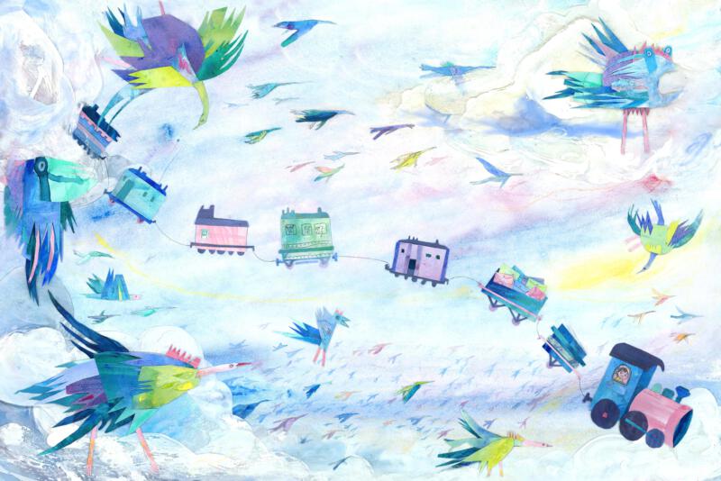 Illustration till barnbok, bilderbok för barn mellan 3-6 år, tåget åker upp i himlen flyger bland moln och fåglar. Handmålat akvarell, vattenfärg
