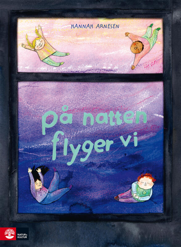 Omslag till barnboken ”På natten flyger vi” för barn 3–6 år, handgjort i akvarell och kollage. Illustrationen föreställer sovande barn som svävar genom natten och kombinerar lekfullt och poetiskt bildspråk med boktema om drömmar och fantasi. Omslaget är visuellt tilltalande och skapar nyfikenhet hos målgruppen.