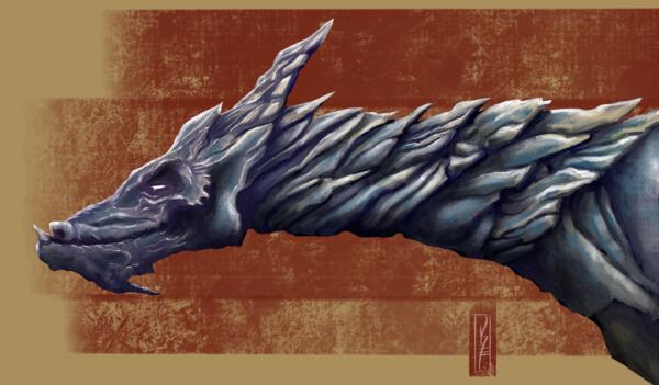 Blue dragon with red background.