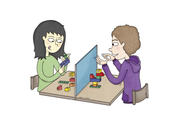Illustration med skolbarn och legoklossar.