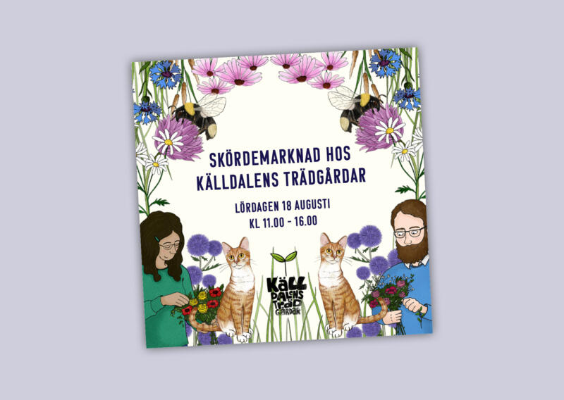 Illustrerad ram med blommor, humla, katter och människor.