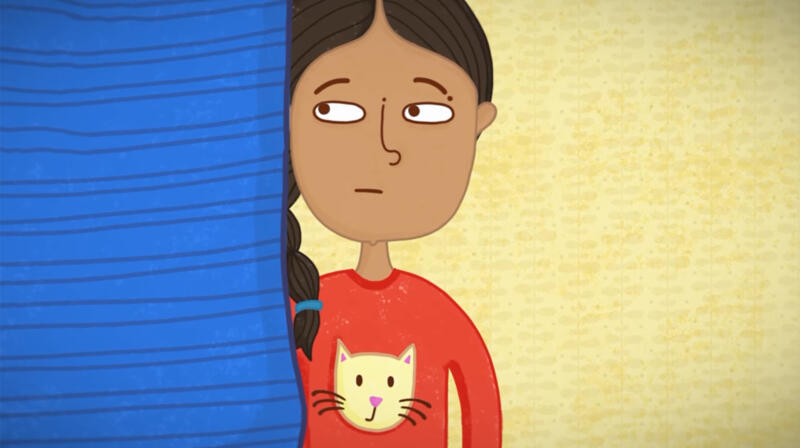 Scen ur en animerad film med barn som står bakom sin mamma.