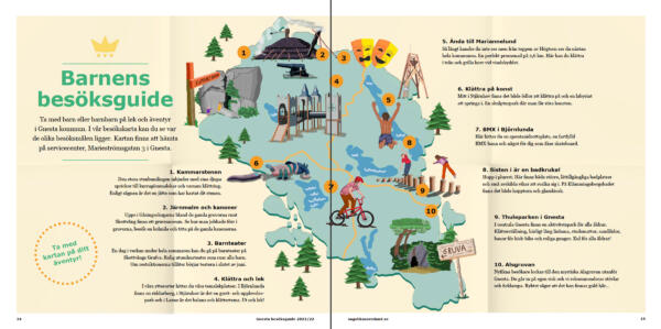 Uppslag ur Gnesta besöksguide. Karta över roliga besöksmål för barn. Bland annat en gruva, en lekpark med torn, en kolmila, en kanon. 