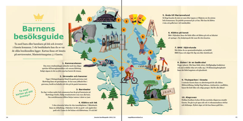 Uppslag ur Gnesta besöksguide. Karta över roliga besöksmål för barn. Bland annat en gruva, en lekpark med torn, en kolmila, en kanon. 
