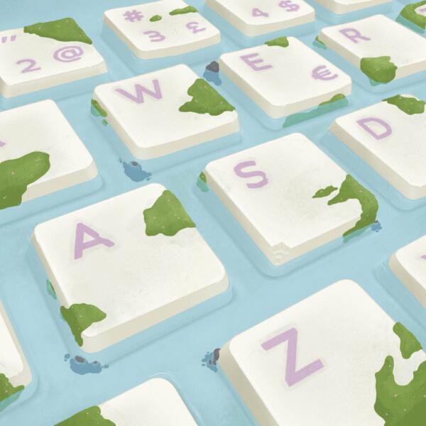 Keyboard, Yennifer Godin, yen_god, Illustration for the Faculty of IT Sciences, Digital illustration, Tangentbord, IT, Dator, Illustration av dator, Mossa på tangentbord, Klimatförändringar, Klimatet, Illustration av naturen, Göteborgs Universitet, Färgglad illustration av teknik,