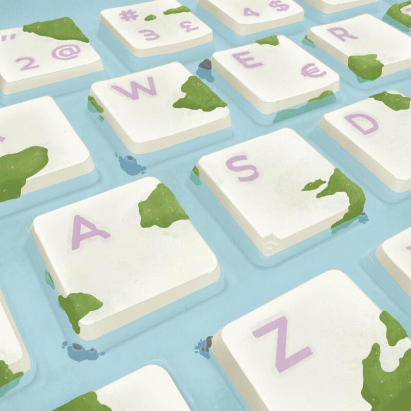 Keyboard, Yennifer Godin, yen_god, Illustration for the Faculty of IT Sciences, Digital illustration, Tangentbord, IT, Dator, Illustration av dator, Mossa på tangentbord, Klimatförändringar, Klimatet, Illustration av naturen, Göteborgs Universitet, Färgglad illustration av teknik,