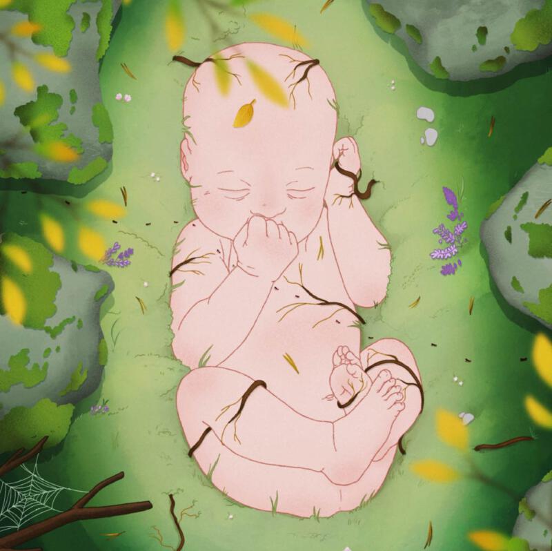Digital illustration, Yennifer Godin, yen_god, Skog, Bebis, Barn, Skog, Utbildning,  Illustration för Utbildningsvetenskapliga fakulteten, Illustration av barn, Illustration av bebis, Illustration för publikation, Illustration av naturen, Göteborgs Universitet, Färgglad illustration av natur
