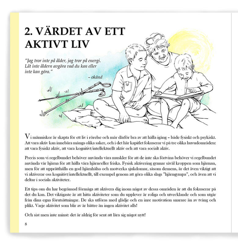 Akvarell, Digital illustration, Digitalt, Hälsa, Illustration, handtecknat, Medicin, Omsorg, Sjukvård, Skiss, Teckning, Tusch, Vektor, Visualisering, Tecknat, digital teknik, Visuell kommunikation, Äldreomsorg, layout, grafisk design, grafisk formgivning, kapitelstart, broschyr, kapitel, människor, äldre kvinna, barn, barnbarn, bok, läsa, gåstavar, stavar, park, omtanke, familj, 