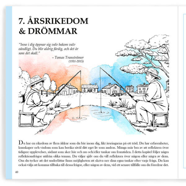 Akvarell, Digital illustration, Digitalt, Hälsa, Illustration, handtecknat, Medicin, Omsorg, Sjukvård, Skiss, Teckning, Tusch, Vektor, Visualisering, Tecknat, digital teknik, Visuell kommunikation, Äldreomsorg, layout, grafisk design, grafisk formgivning, kapitelstart, broschyr, fiske, pojke, barn, äldre man, barndom, fiskespö, vatten, sjö, natur, träd, kapitel