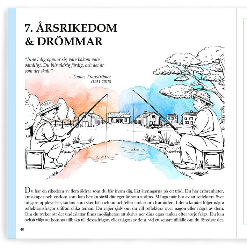 Akvarell, Digital illustration, Digitalt, Hälsa, Illustration, handtecknat, Medicin, Omsorg, Sjukvård, Skiss, Teckning, Tusch, Vektor, Visualisering, Tecknat, digital teknik, Visuell kommunikation, Äldreomsorg, layout, grafisk design, grafisk formgivning, kapitelstart, broschyr, fiske, pojke, barn, äldre man, barndom, fiskespö, vatten, sjö, natur, träd, kapitel