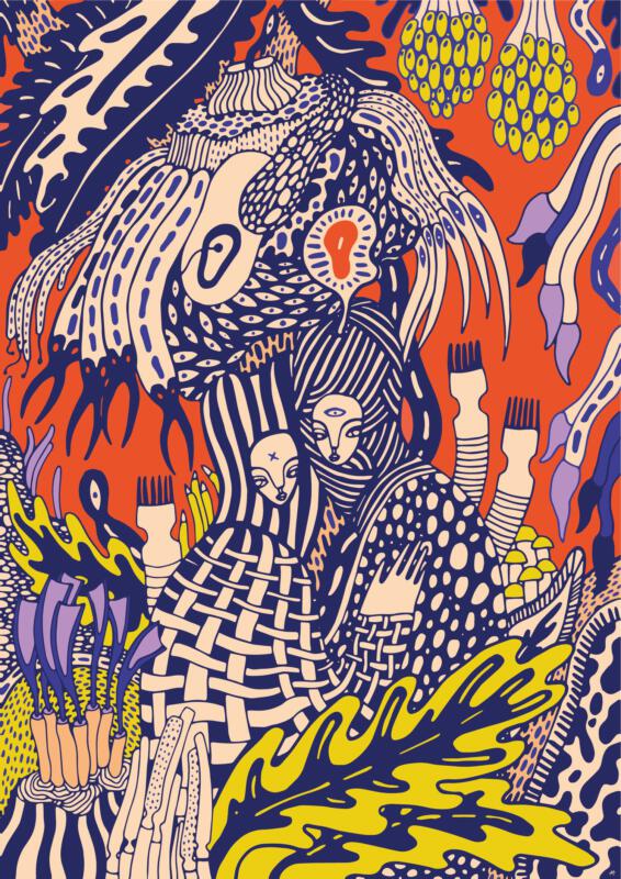 Bild på illustration som väver in olika hantverk i en och samma bild; textil, finsnickeri, möbelrestaurering, m.fl.
