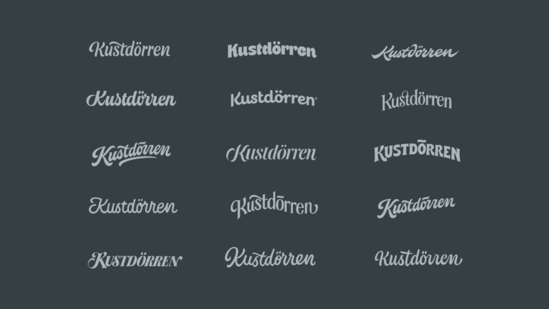 Samling av digitala utkast till logotypen för dörrvarumärket Kustdörren