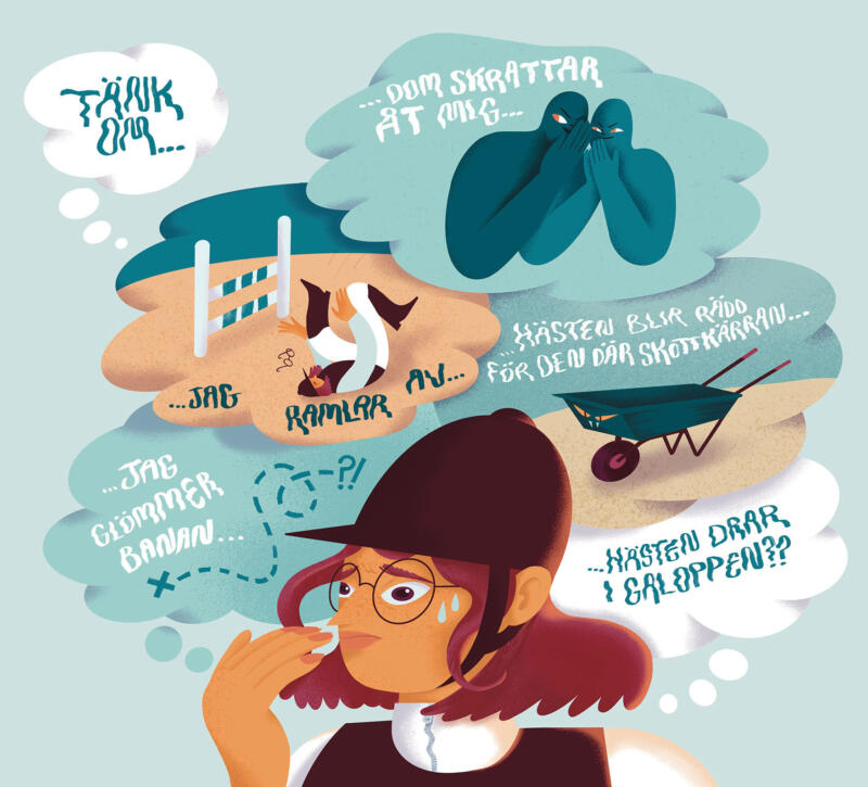 Illustration på en orolig flicka i rött hår, ridhjälm och glasögon som biter på naglarna och tänker på scenarion som kan inträffa under ridtävling.