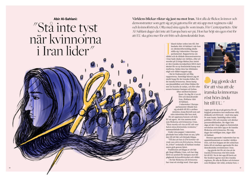 Uppslag av redaktionell artikel med illustration av kvinna vars hår/sjal ser ut att bli klippt av en gul sax. Samt en grupp personer med upphöjda nävar. 