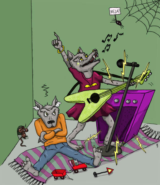 Två vargar i ett grönt rum. Storasyster Ylva spelar på en grön elgitarr och ylar högt. Ulf  är sur och tycker att Ylva låter för mycket när han sitter på golvet och leker. 