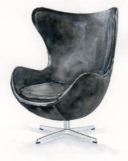 Fåtöljen "Ägget" designad av Fritz Hansen. Illustration i akvarell med blåskugga.