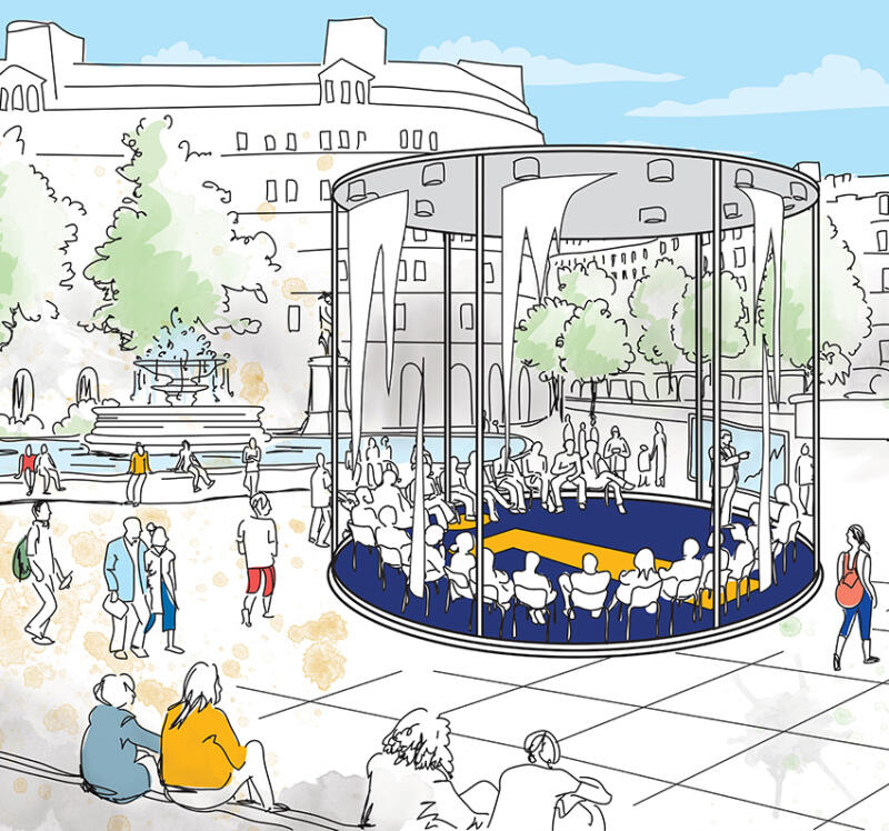 akvarell, tecknad bild, tecknat, vattenfärg, illustration, svensk illustratör, illustratör, handtecknat, handritat, handritad illustration, reklam, marknadsföring, Stockholm,  människor, event, möte, torg, föreläsning, glasmonter