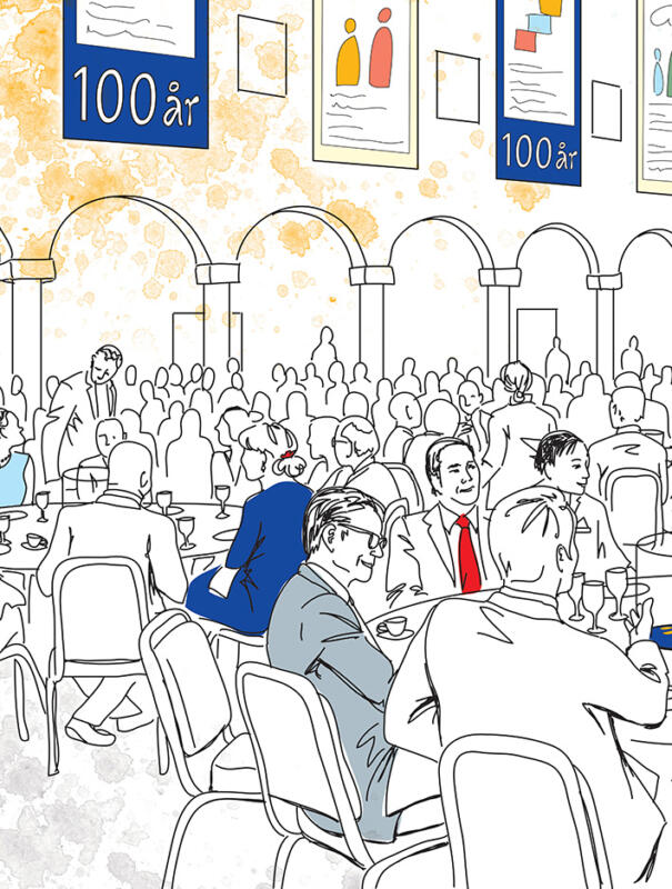 akvarell, tecknad bild, tecknat, vattenfärg, illustration, svensk illustratör, illustratör, handtecknat, handritat, handritad illustration, reklam, marknadsföring, Stockholm,  människor, event, middag, Blå hallen, Stadshuset, Stockholm, stadshuset Stockholm, affärsmöte, affärsmiddag, företag, 