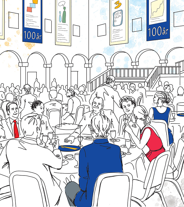 akvarell, tecknad bild, tecknat, vattenfärg, illustration, svensk illustratör, illustratör, handtecknat, handritat, handritad illustration, reklam, marknadsföring, Stockholm,  människor, event, middag, Blå hallen, Stadshuset, Stockholm, stadshuset Stockholm, affärsmöte, affärsmiddag, företag, 