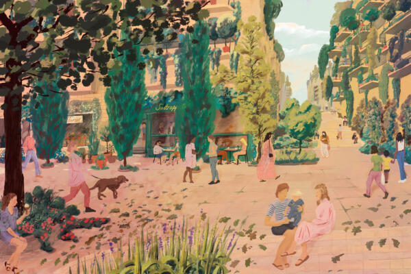 Colourful illustration of green sustainable urban. Nature meets city.