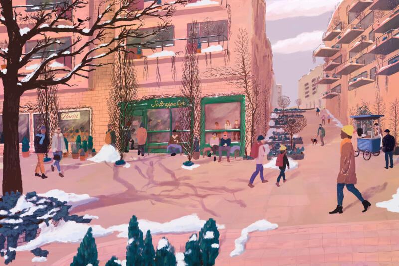Colourful illustration of green sustainable urban. Nature meets city.