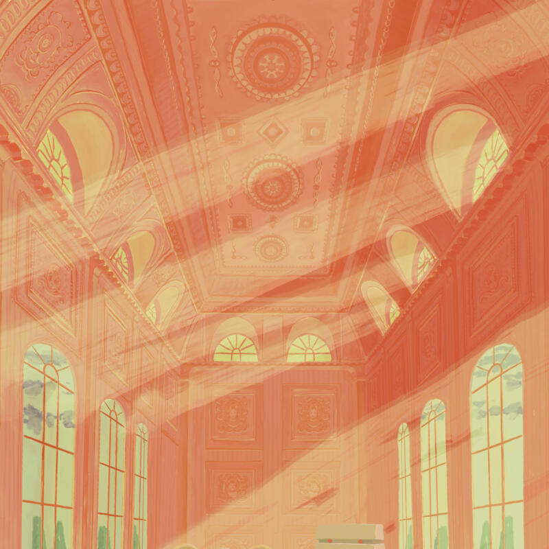 Animated illustration of people dancing and doing aerobics in grand interior