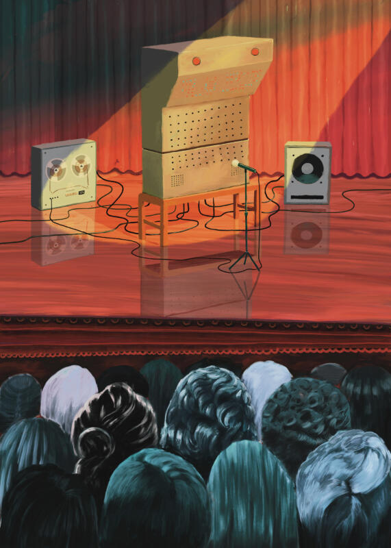 Colourful poster with talking machine and audience