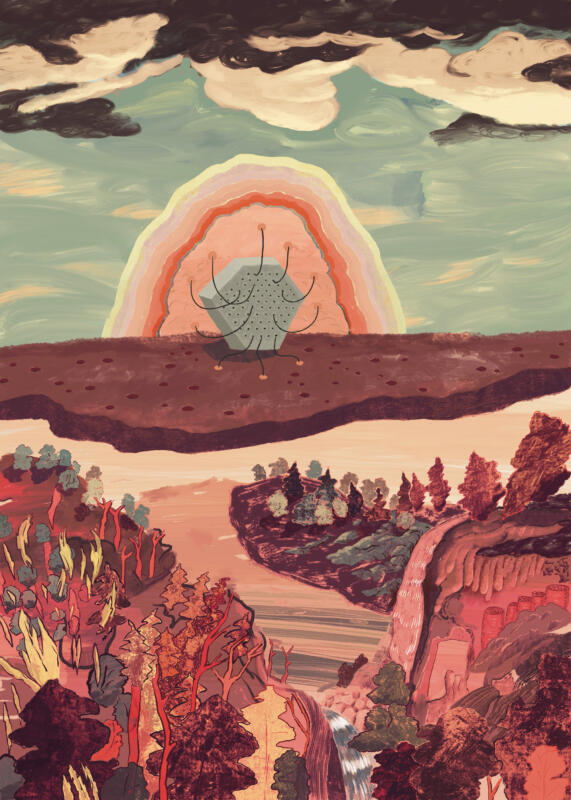 Colourful poster with sci-fi theme depicting thinking machine in nature