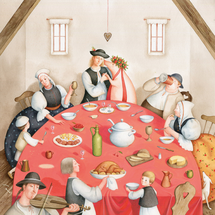 Akvarell illustration av ett folksagans bröllop