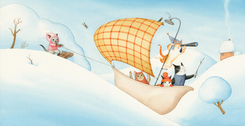 Illustration av katter som leker i snö