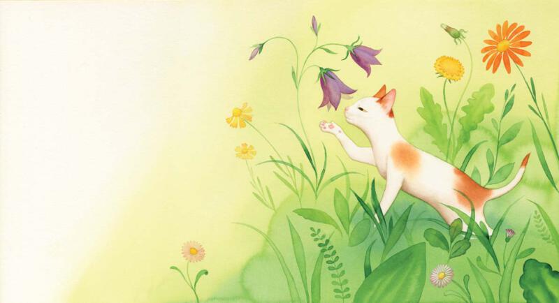 Akvarell illustration av en katt som sniffar en blomma